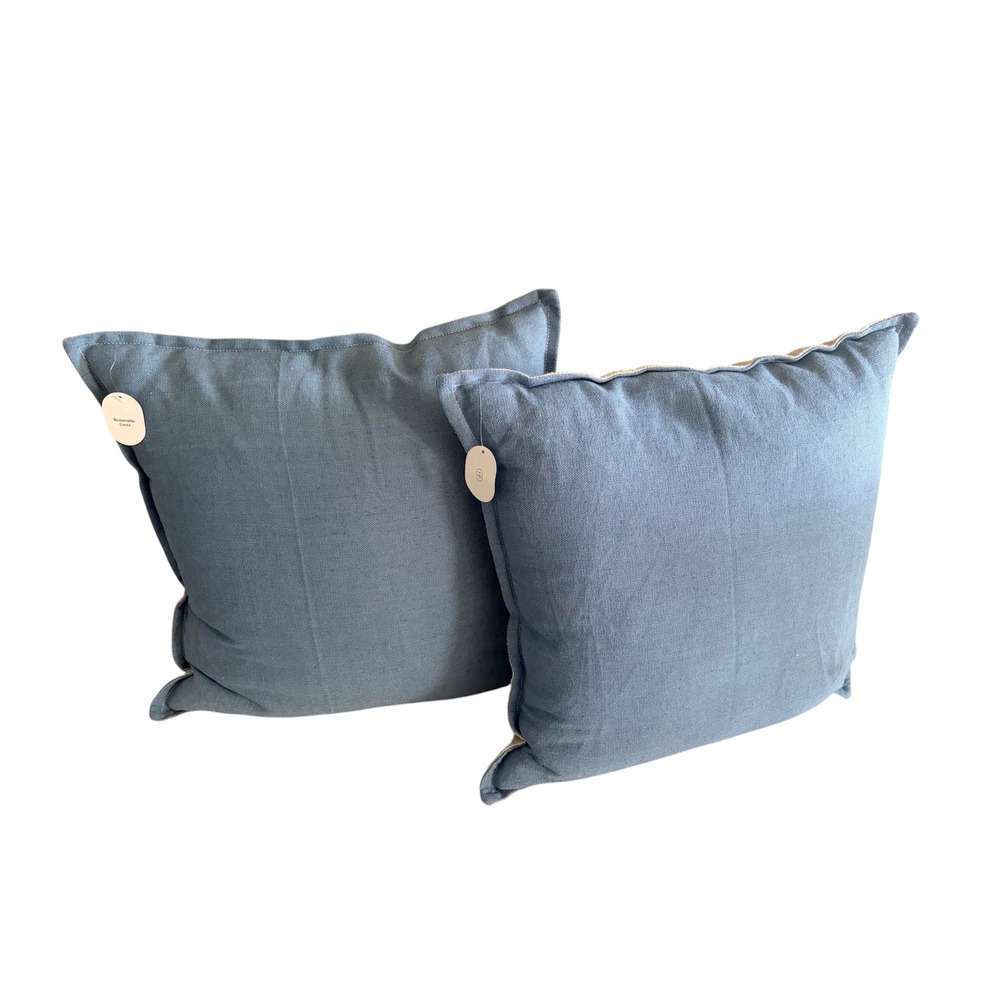 Threshold Reversible Linen Cotton Blend Toss Pillows Blue Beige Set of 2 18x18